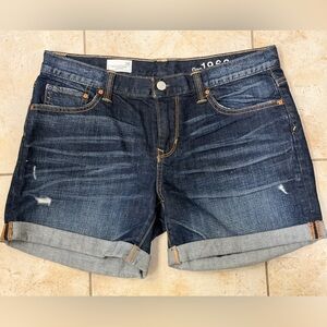 GAP Dark Wash Denim Cuffed Shorts Size 28 | Mid Rise Distressed